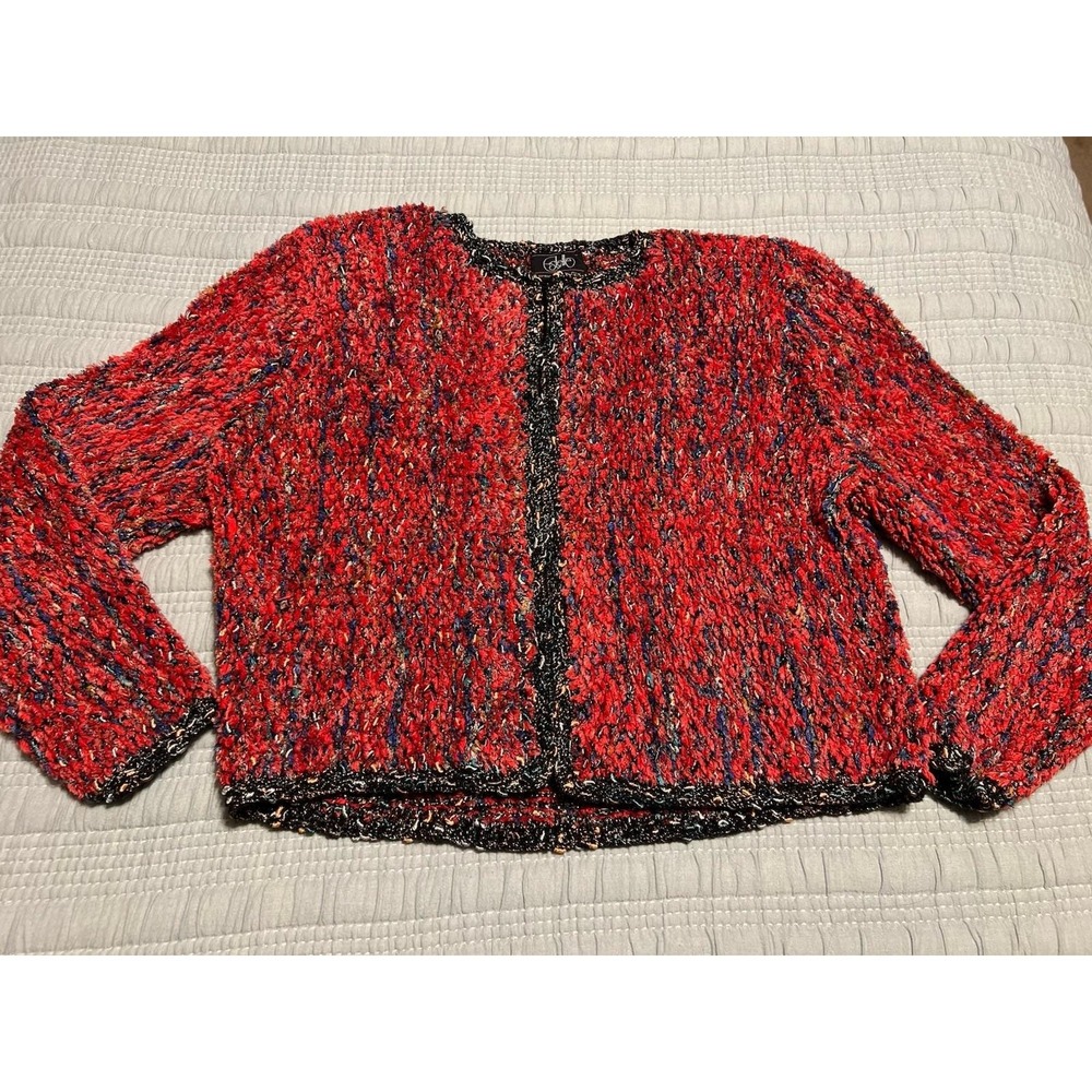 Vtg 1991 Estelle Gracer Art-to-Wear Ribbon Knit Cardigan Red Blue Black S/M